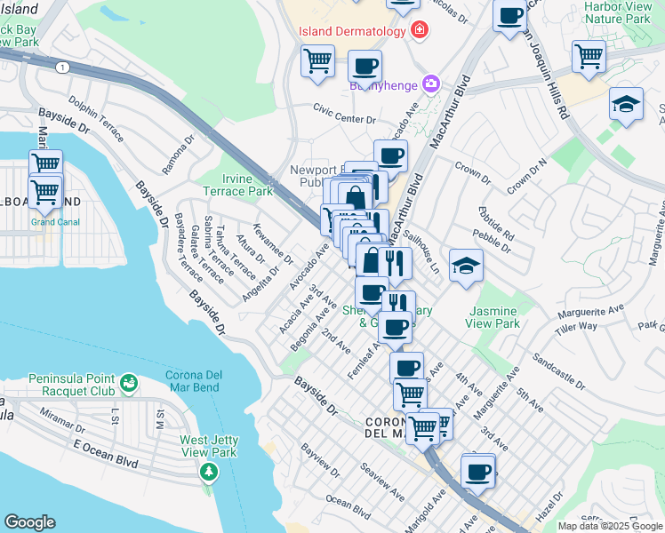 map of restaurants, bars, coffee shops, grocery stores, and more near 701 Acacia Avenue in Newport Beach