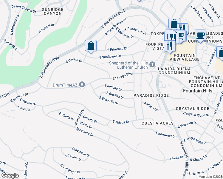 map of restaurants, bars, coffee shops, grocery stores, and more near 15849 East Jericho Drive in Fountain Hills