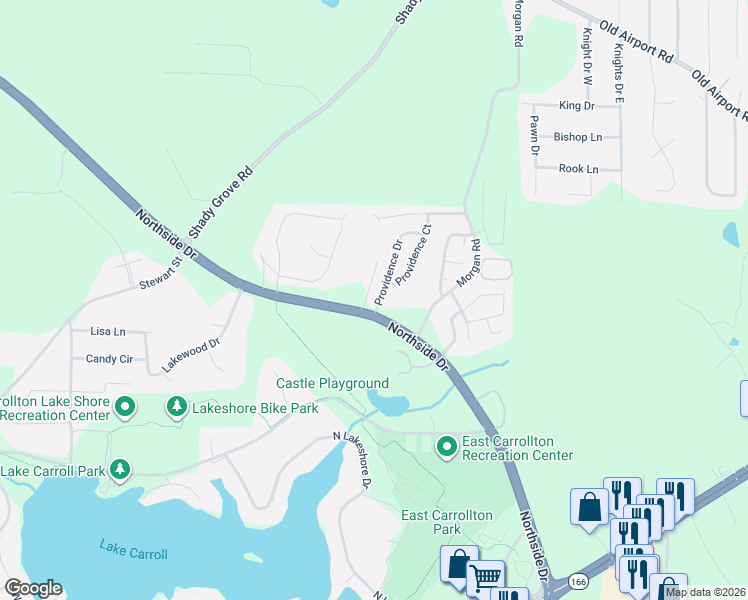 map of restaurants, bars, coffee shops, grocery stores, and more near 104 Providence Drive in Carrollton