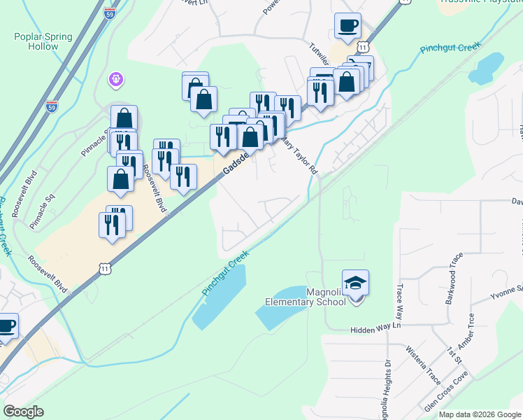 map of restaurants, bars, coffee shops, grocery stores, and more near 5058 Skylar Way in Birmingham