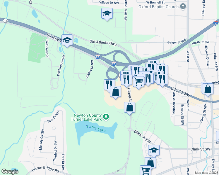 map of restaurants, bars, coffee shops, grocery stores, and more near 7219 Turner Lake Road Northwest in Covington