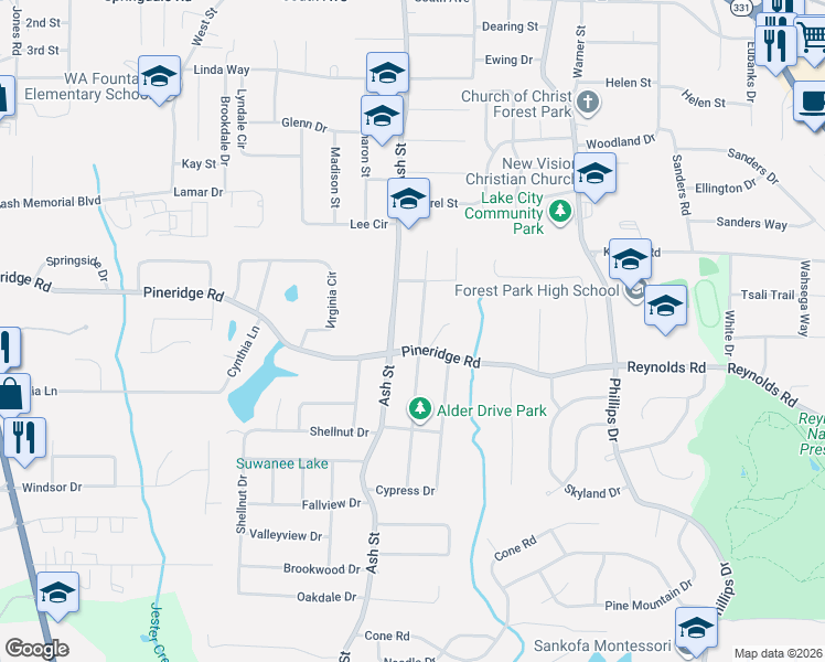 map of restaurants, bars, coffee shops, grocery stores, and more near 5497 Alder Dr in Forest Park