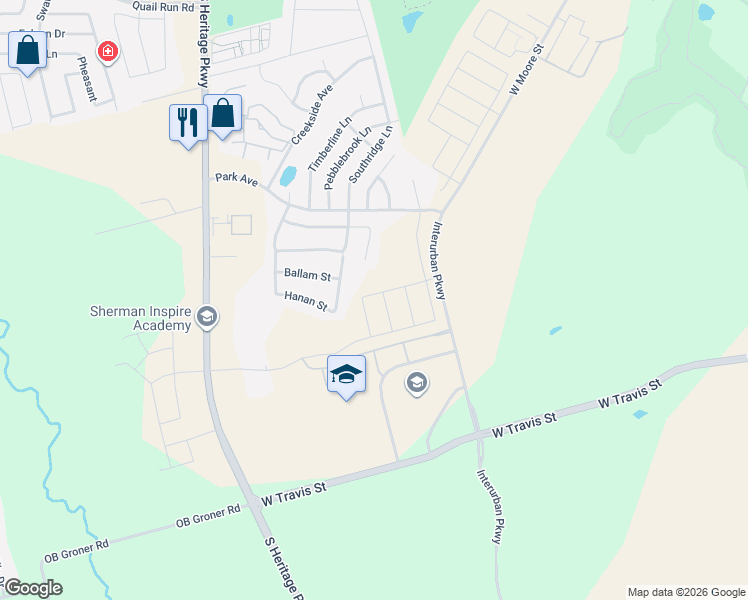 map of restaurants, bars, coffee shops, grocery stores, and more near 2904 Woodbrook Drive in Sherman