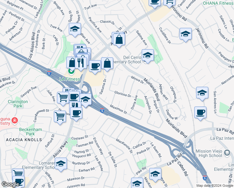 map of restaurants, bars, coffee shops, grocery stores, and more near 24632 Eloisa Drive in Mission Viejo