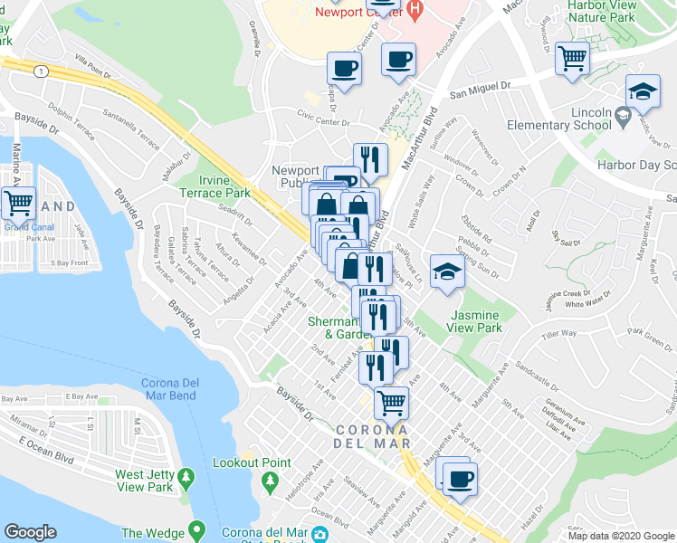 map of restaurants, bars, coffee shops, grocery stores, and more near 2345 California 1 in Newport Beach
