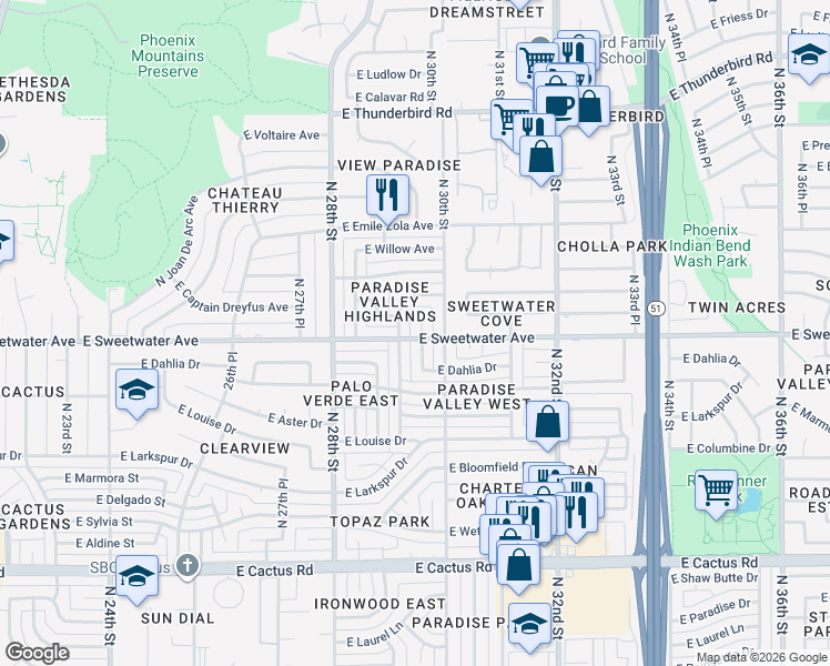 map of restaurants, bars, coffee shops, grocery stores, and more near 13002 North 29th Place in Phoenix
