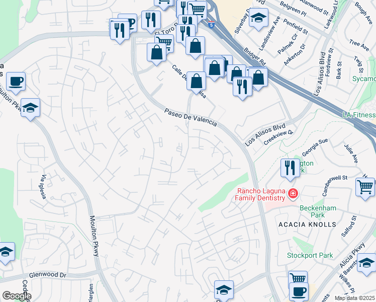map of restaurants, bars, coffee shops, grocery stores, and more near 203 Avenida Majorca in Laguna Woods