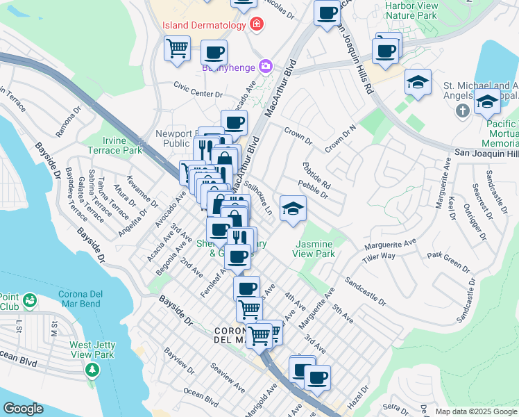 map of restaurants, bars, coffee shops, grocery stores, and more near 2606 Bungalow Place in Newport Beach