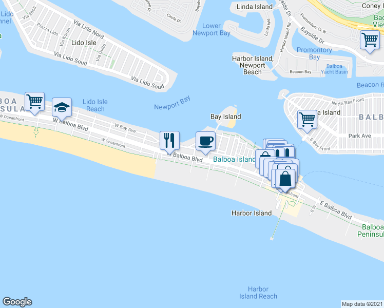 map of restaurants, bars, coffee shops, grocery stores, and more near 521 East Bay Avenue in Newport Beach