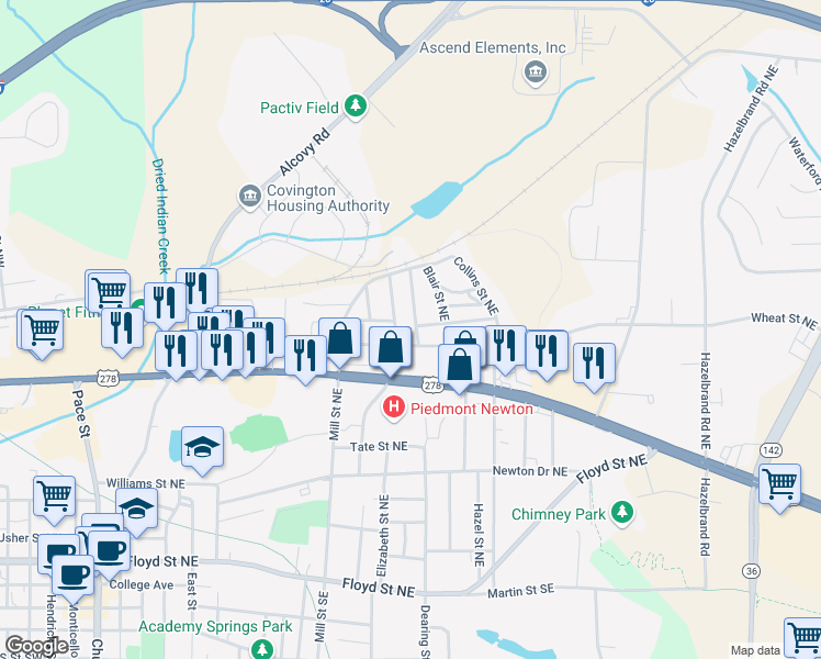 map of restaurants, bars, coffee shops, grocery stores, and more near 5119 Worsham Street Northeast in Covington