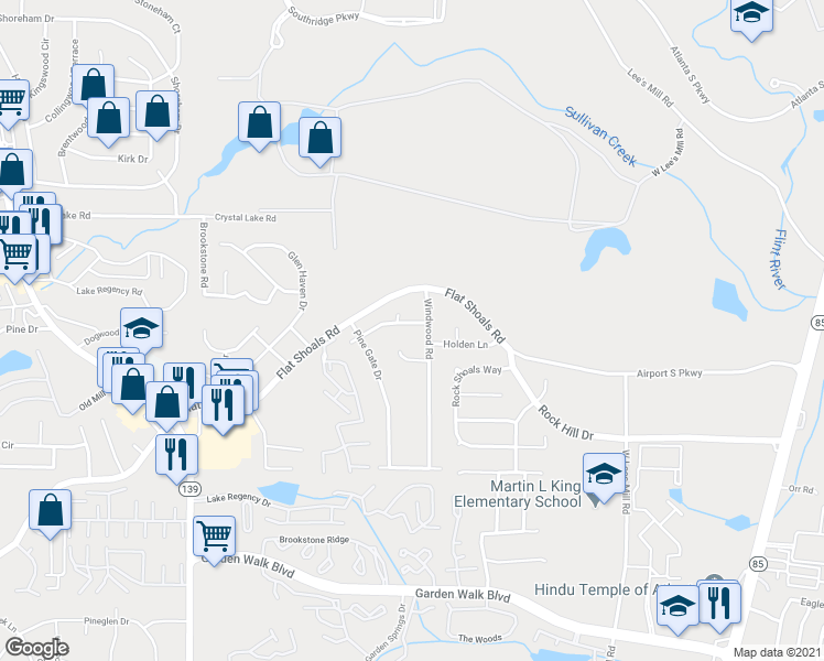 map of restaurants, bars, coffee shops, grocery stores, and more near 5505 Windwood Road in Atlanta