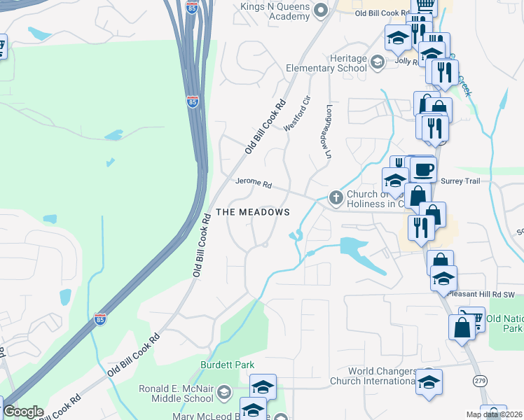map of restaurants, bars, coffee shops, grocery stores, and more near 5602 Westhill Circle in College Park