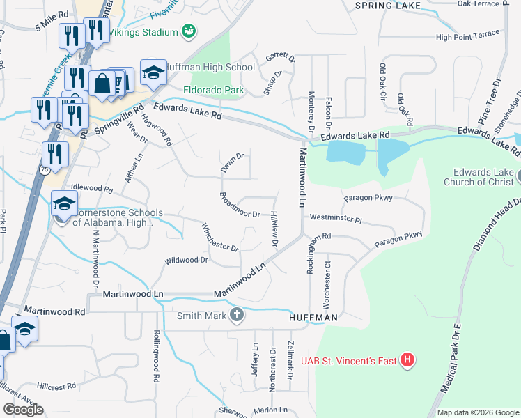 map of restaurants, bars, coffee shops, grocery stores, and more near 904 Hillview Drive in Birmingham