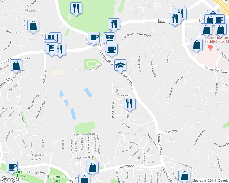 map of restaurants, bars, coffee shops, grocery stores, and more near 23356 Via San Miguel in Aliso Viejo