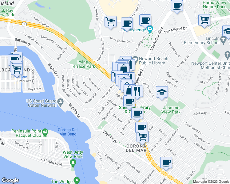map of restaurants, bars, coffee shops, grocery stores, and more near 701 Acacia Avenue in Newport Beach