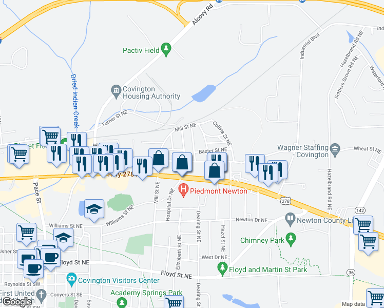 map of restaurants, bars, coffee shops, grocery stores, and more near 5119 Worsham Street Northeast in Covington
