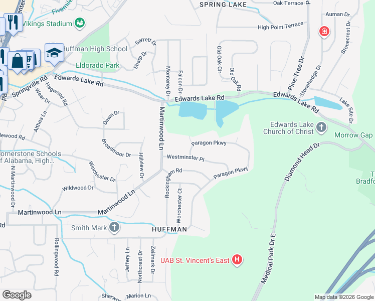 map of restaurants, bars, coffee shops, grocery stores, and more near 1497 Paragon Parkway in Birmingham