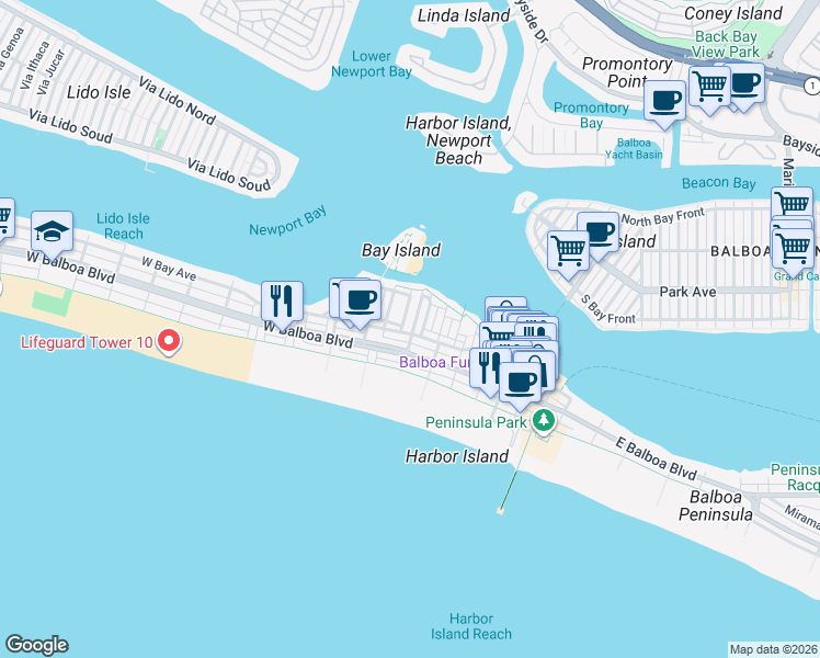 map of restaurants, bars, coffee shops, grocery stores, and more near 124 East Bay Avenue in Newport Beach