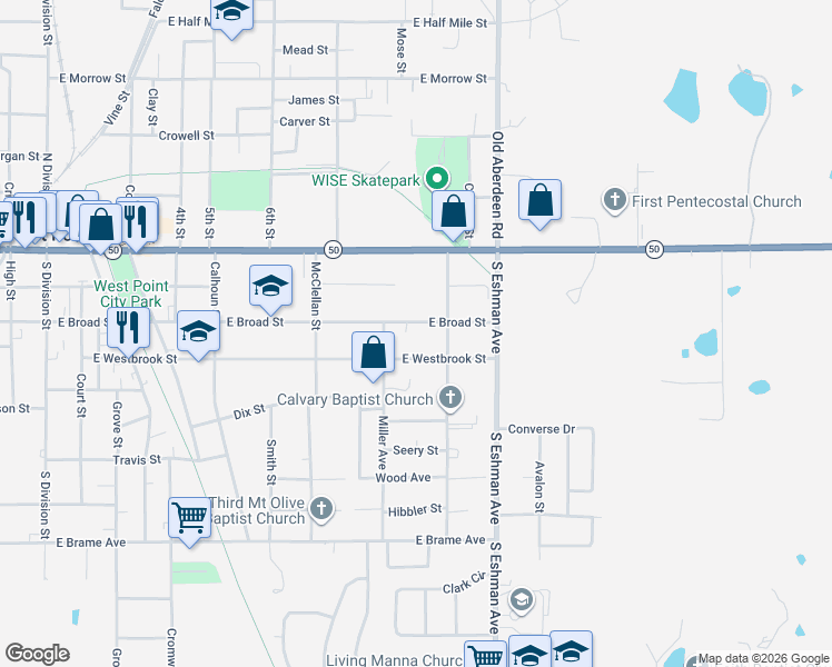 map of restaurants, bars, coffee shops, grocery stores, and more near 1022-1098 E Broad St in West Point
