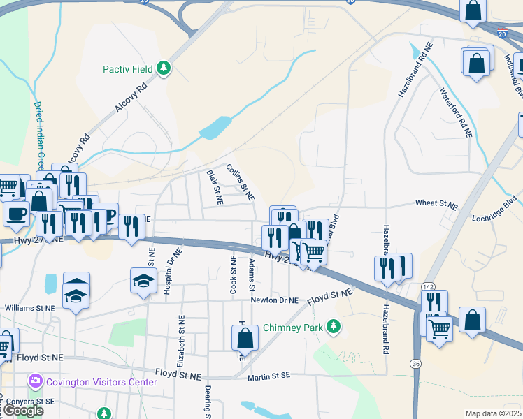 map of restaurants, bars, coffee shops, grocery stores, and more near 6238 Collins Street Northeast in Covington