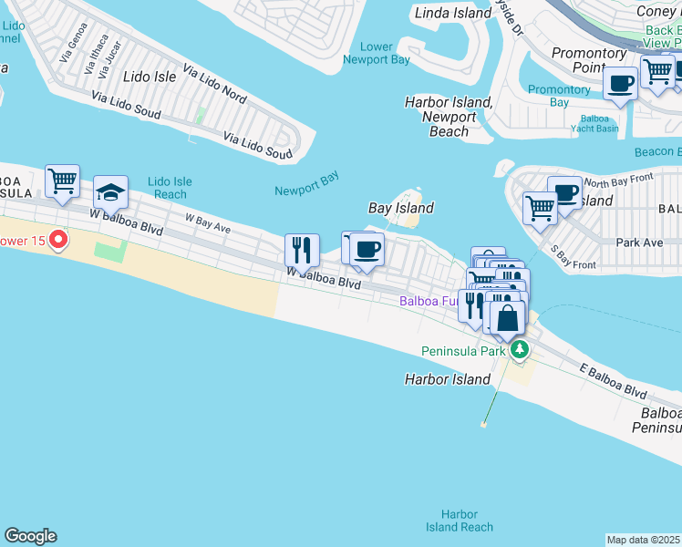 map of restaurants, bars, coffee shops, grocery stores, and more near 203 6th Street in Newport Beach