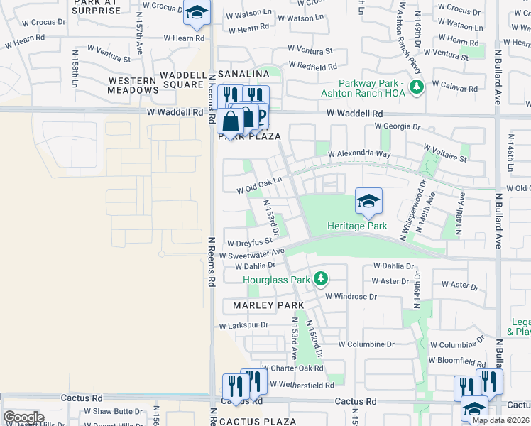 map of restaurants, bars, coffee shops, grocery stores, and more near 13256 North 153rd Drive in Surprise