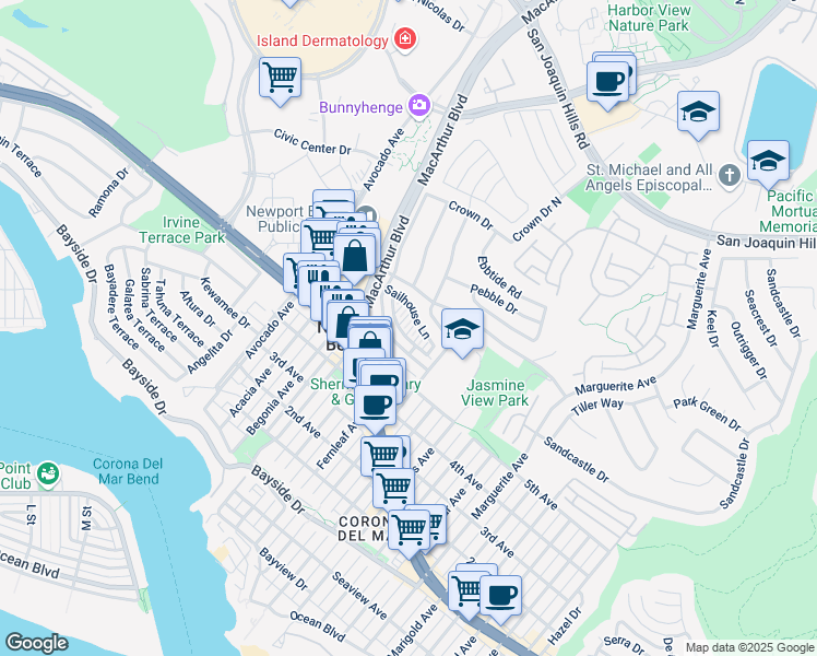 map of restaurants, bars, coffee shops, grocery stores, and more near 2569 Bungalow Place in Newport Beach