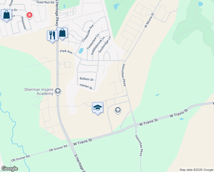 map of restaurants, bars, coffee shops, grocery stores, and more near 2311 Southridge Lane in Sherman