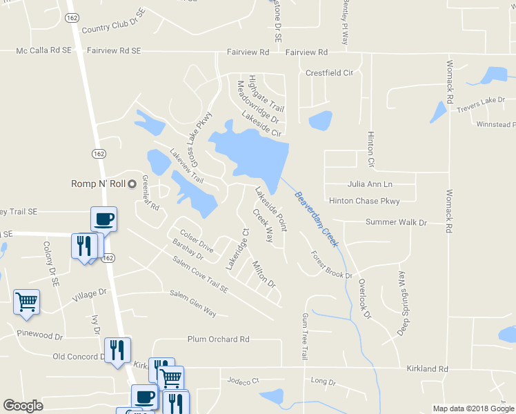 map of restaurants, bars, coffee shops, grocery stores, and more near 45 Creek Way in Covington