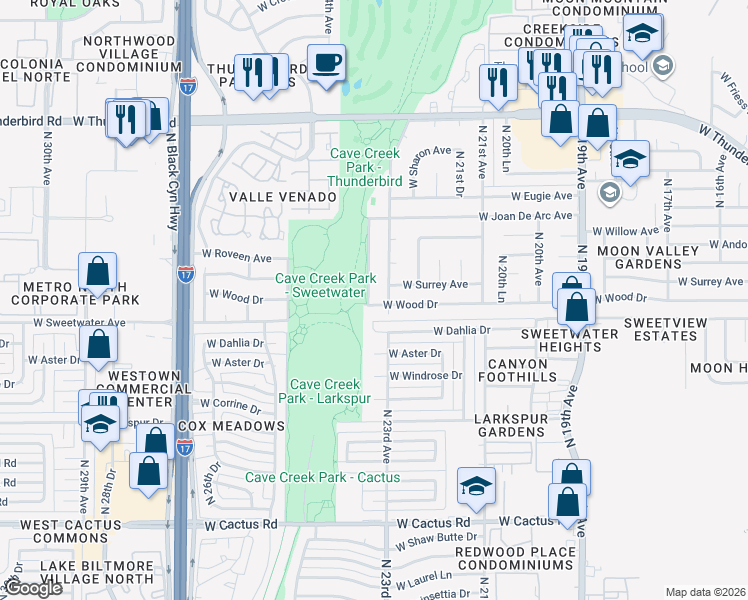map of restaurants, bars, coffee shops, grocery stores, and more near 13101 North 24th Avenue in Phoenix