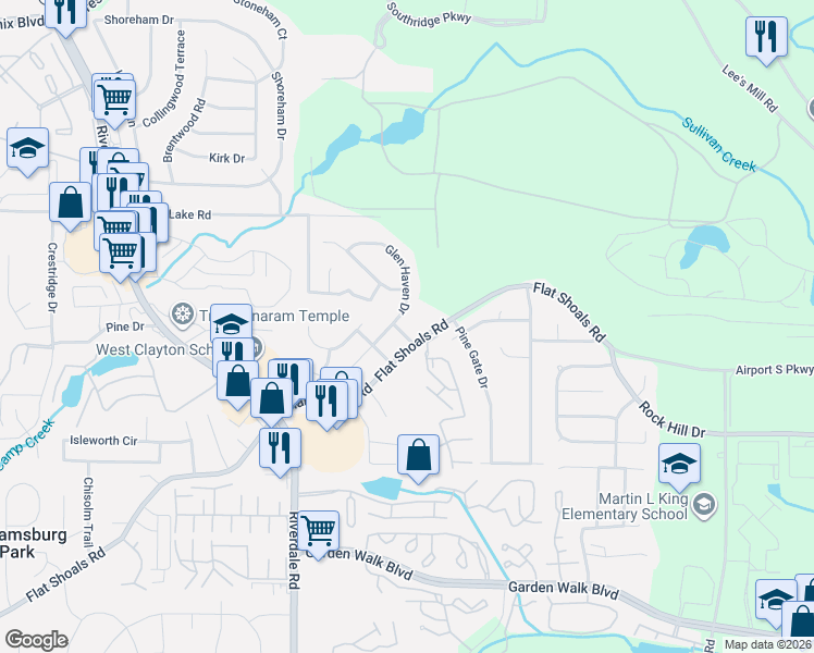 map of restaurants, bars, coffee shops, grocery stores, and more near 5533 Glen Haven Drive in Atlanta