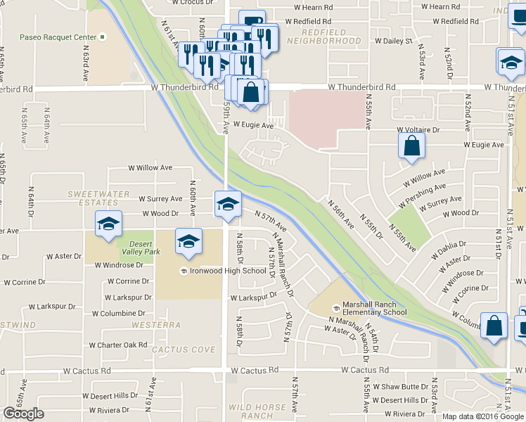 map of restaurants, bars, coffee shops, grocery stores, and more near 12881 North 57th Avenue in Glendale