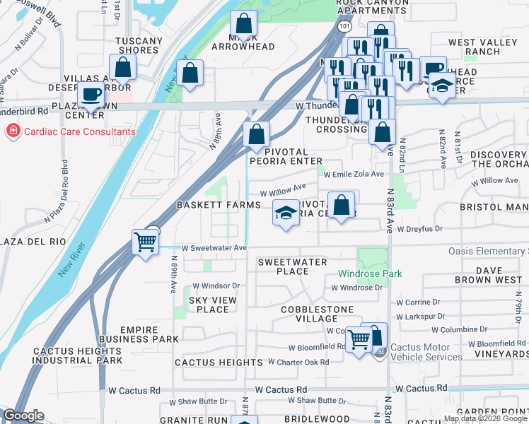 map of restaurants, bars, coffee shops, grocery stores, and more near 8633 West Pershing Avenue in Peoria