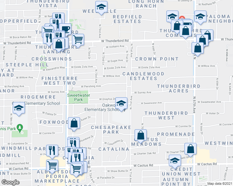 map of restaurants, bars, coffee shops, grocery stores, and more near 7167 West Surrey Avenue in Peoria