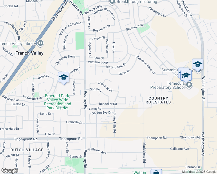 map of restaurants, bars, coffee shops, grocery stores, and more near 32204 Yosemite Street in Winchester