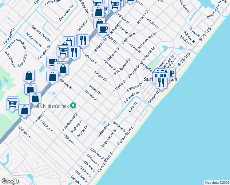 map of restaurants, bars, coffee shops, grocery stores, and more near 413 South Myrtle Drive in Surfside Beach