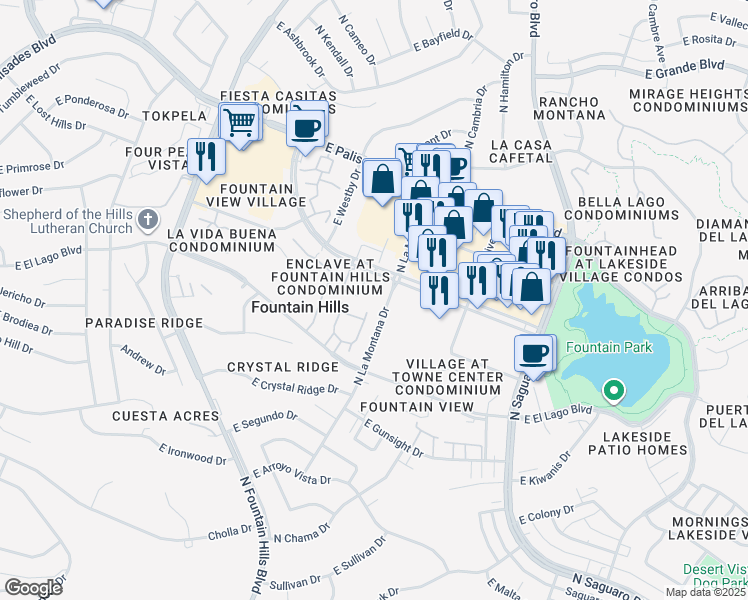 map of restaurants, bars, coffee shops, grocery stores, and more near 16605 East Avenue of the Fountains in Fountain Hills