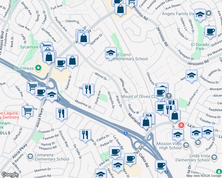 map of restaurants, bars, coffee shops, grocery stores, and more near 25726 Demeter Way in Mission Viejo