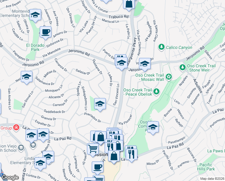 map of restaurants, bars, coffee shops, grocery stores, and more near 24686 Ladera Drive in Mission Viejo