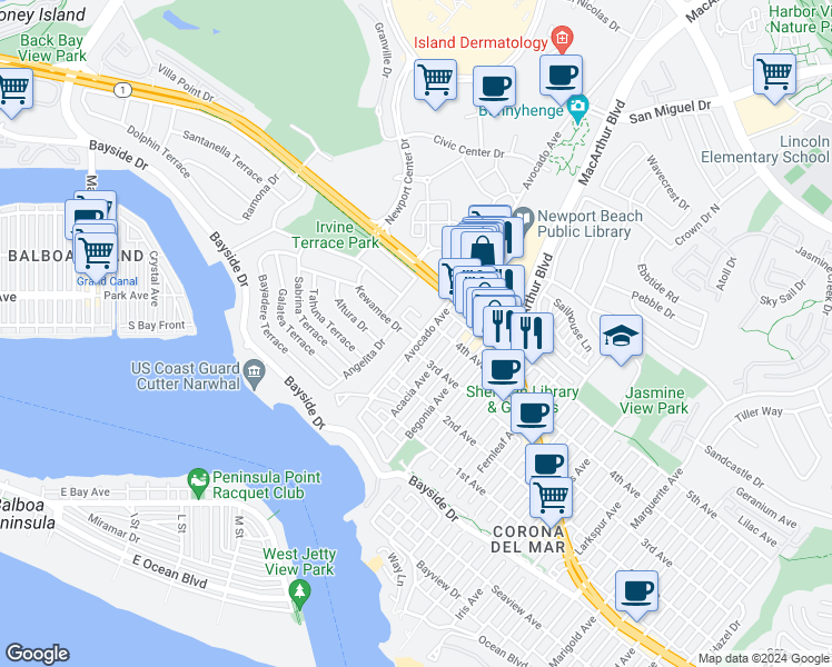 map of restaurants, bars, coffee shops, grocery stores, and more near 737 Avocado Avenue in Newport Beach