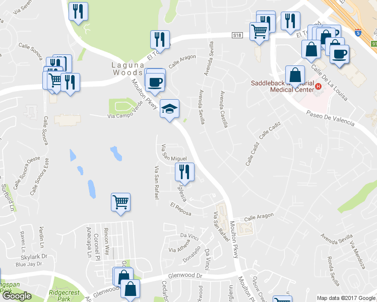 map of restaurants, bars, coffee shops, grocery stores, and more near 23477 Via Jacinto in Laguna Hills