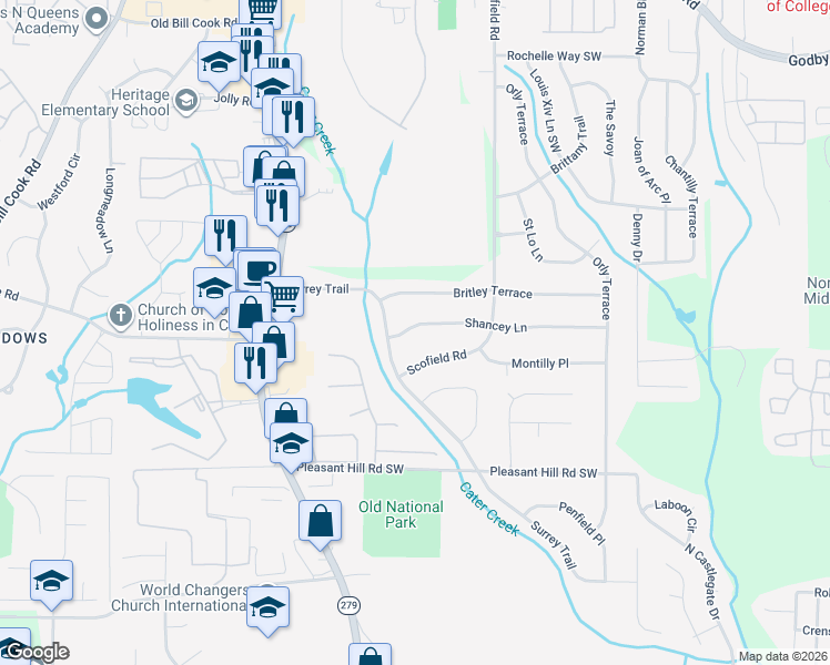 map of restaurants, bars, coffee shops, grocery stores, and more near 2351 Shancey Lane in College Park