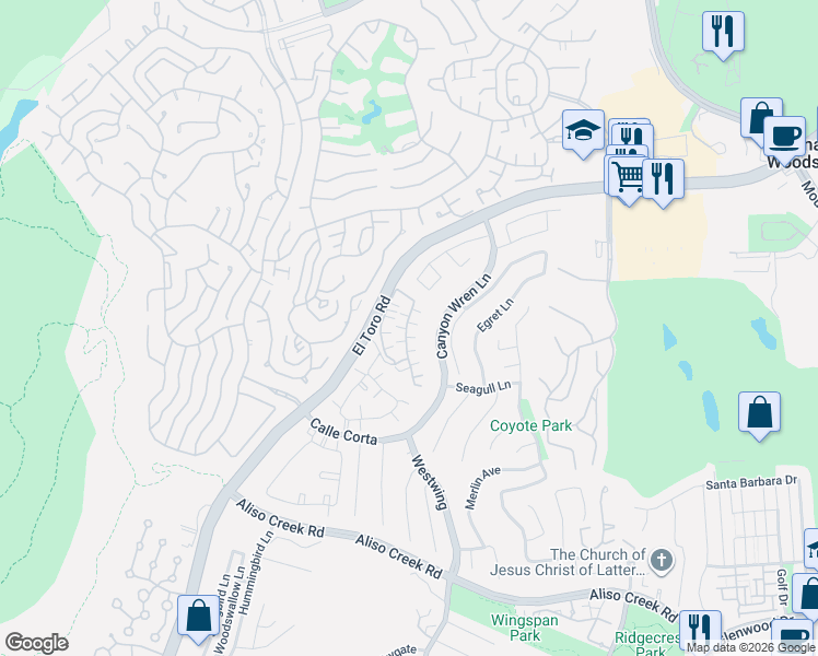 map of restaurants, bars, coffee shops, grocery stores, and more near 46 Nightingale Drive in Aliso Viejo