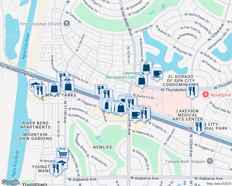 map of restaurants, bars, coffee shops, grocery stores, and more near 10749 West Santa Fe Drive in Sun City