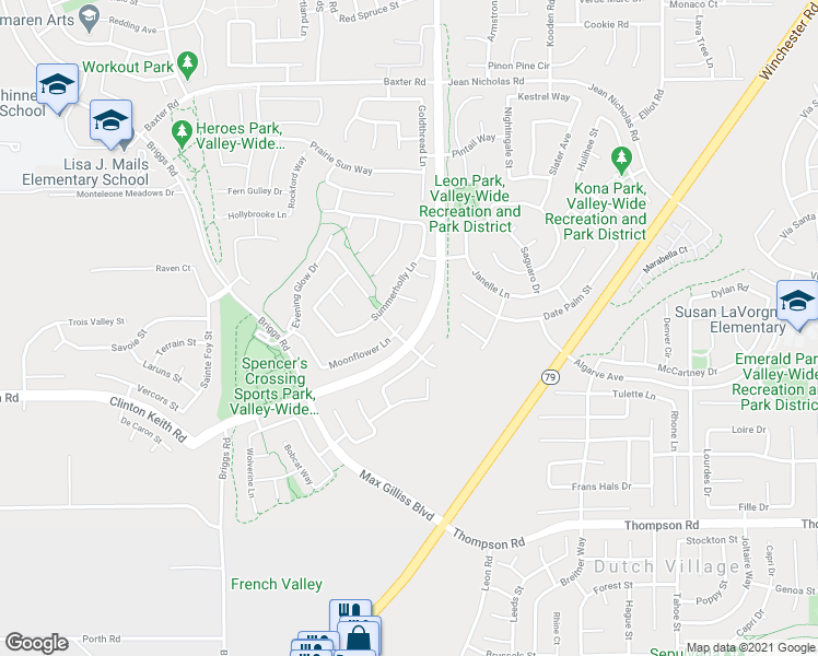 map of restaurants, bars, coffee shops, grocery stores, and more near 30958 Moonflower Lane in Murrieta
