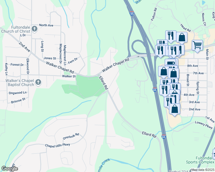 map of restaurants, bars, coffee shops, grocery stores, and more near 1501 Bessie Avenue in Fultondale