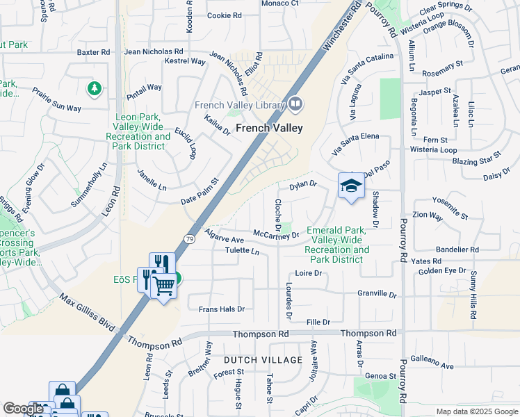 map of restaurants, bars, coffee shops, grocery stores, and more near 35591 Denver Circle in Winchester