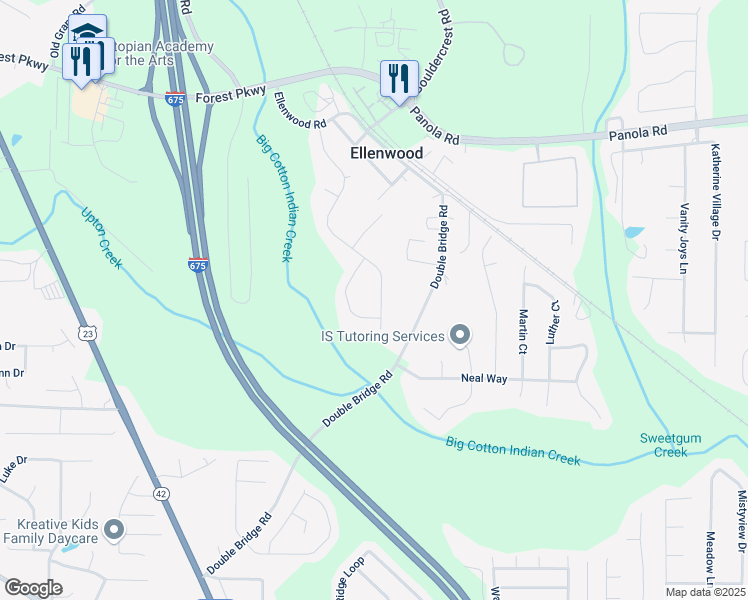 map of restaurants, bars, coffee shops, grocery stores, and more near 5525 Peachtree Landing Drive in Ellenwood