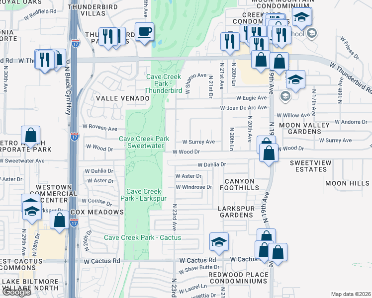 map of restaurants, bars, coffee shops, grocery stores, and more near 2218 W Wood Dr in Phoenix