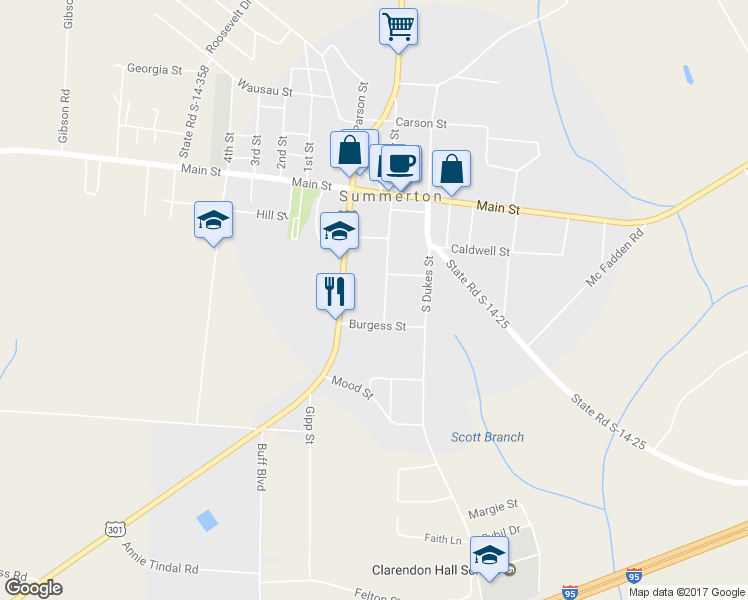 map of restaurants, bars, coffee shops, grocery stores, and more near 12 Cantey Street in Summerton